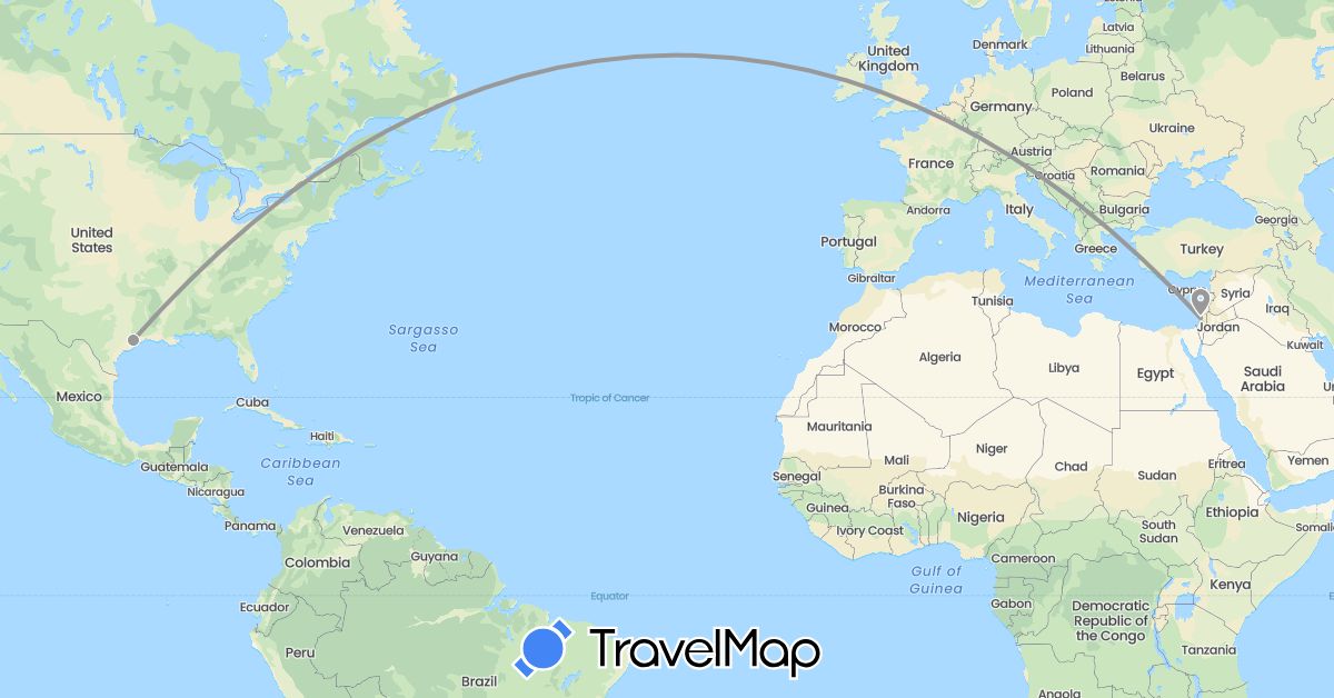 TravelMap itinerary: driving, plane in Israel, United States (Asia, North America)